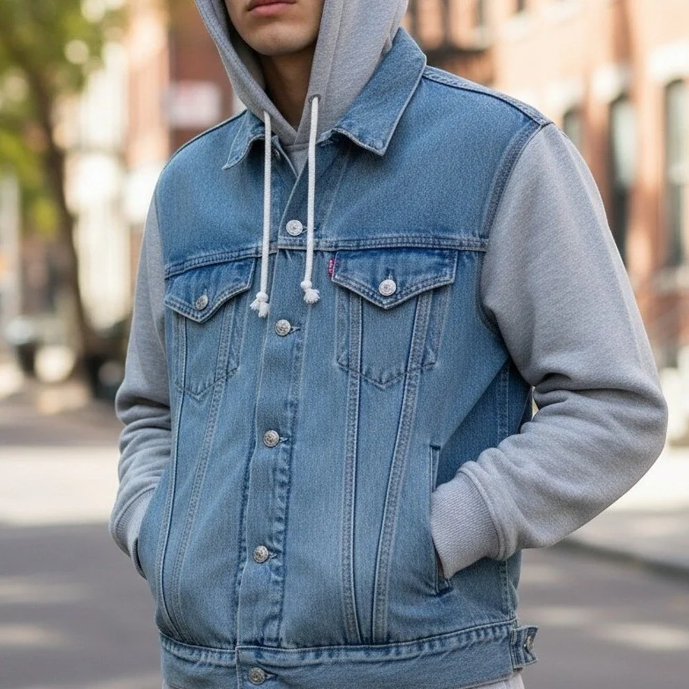 Levi's Mens S Blue Cotton Denim Relaxed Hybrid Trucker Jacket Grey Jersey Hooded